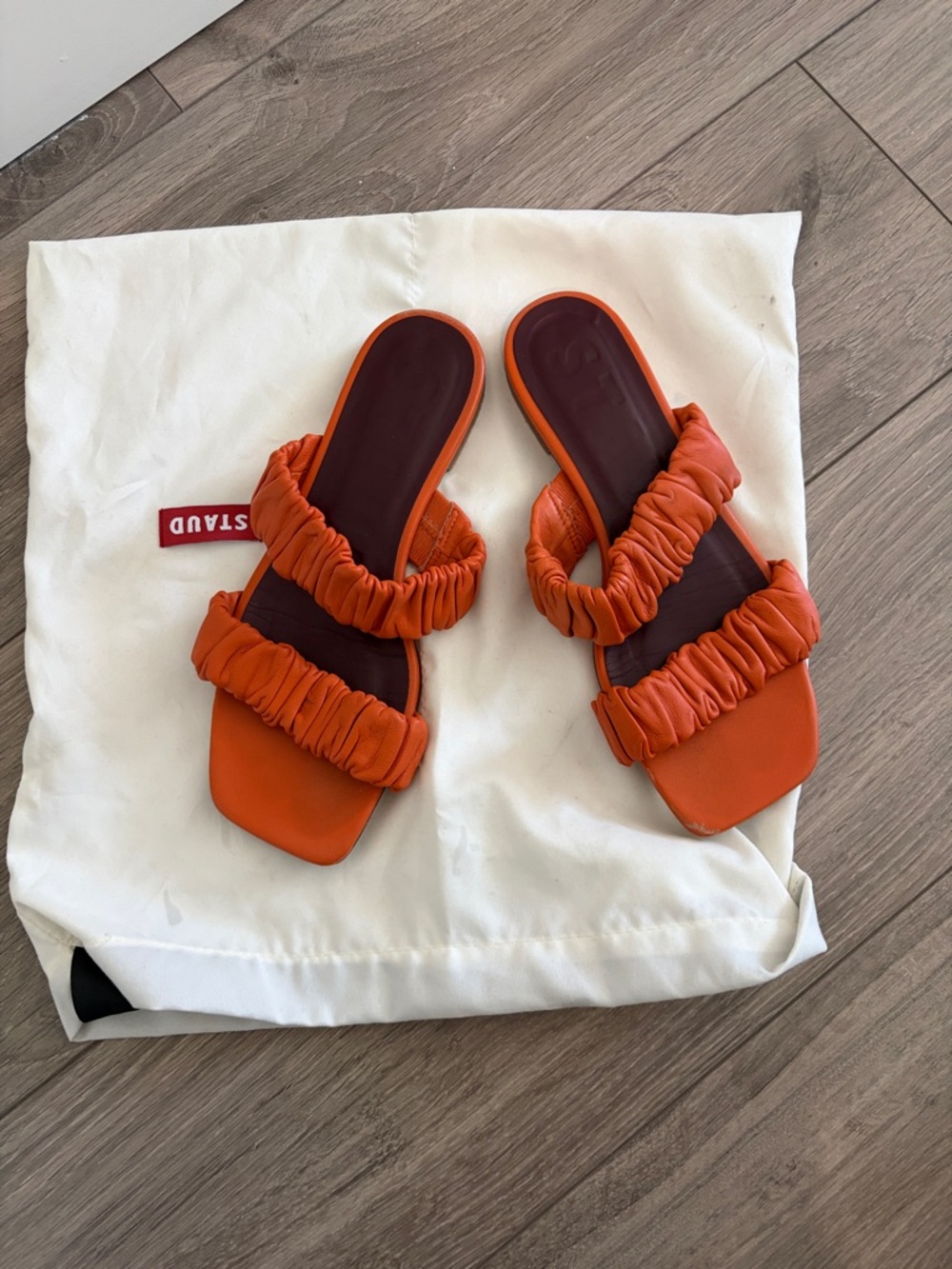 STAUD Orange Ruched Double-Strap Slide Sandals